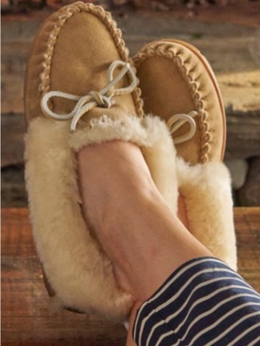 L.L. Bean Wicked Good Moccasin Real Fur Slippers Women’s Size 6 Medium Cozy